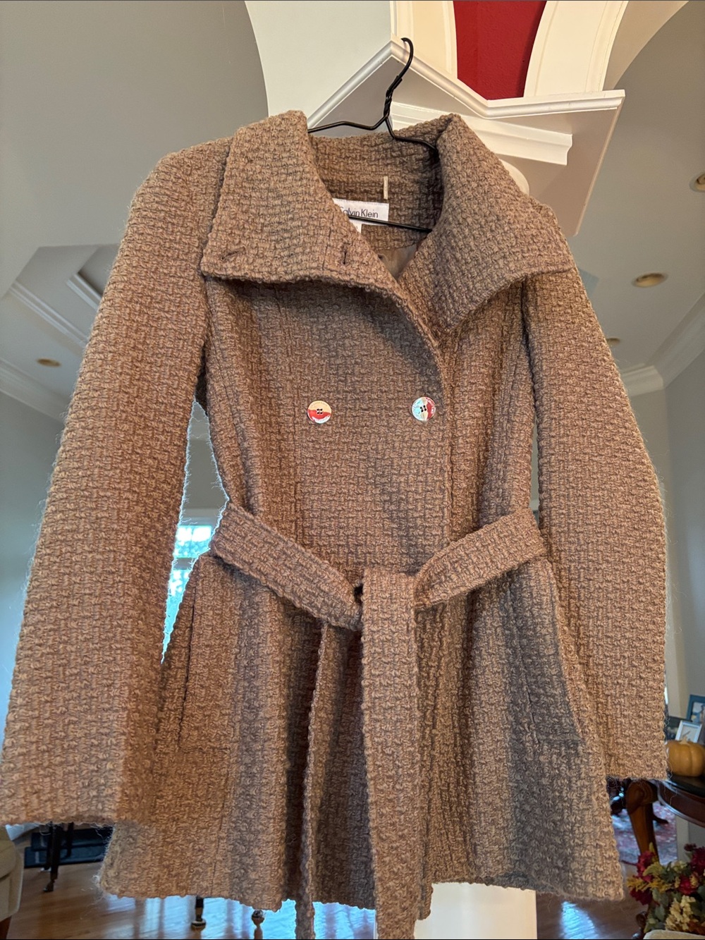 Calvin Klein Taupe Textured Belted Trench Coat